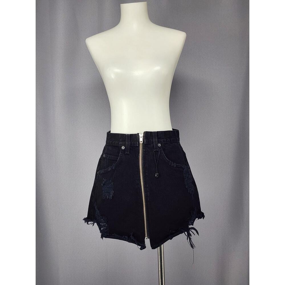 Carmar Skirt Womens 27 Black Denim Distressed Raw Hem Front Zip Mini Grunge Rock
